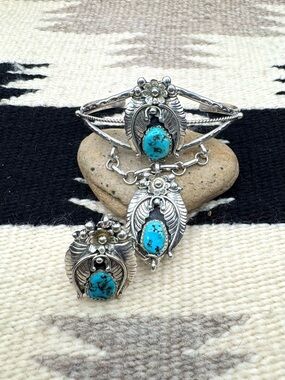 Navajo Native American Sterling Silver Turquoise Cuff Ring 8 Slave Bracelet